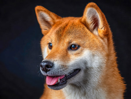 A joyful Shiba Inu with shimmering golden coat and sparkling eyes gazes thoughtfully into the distance, captured in exquisite detail against a sleek dark backdrop.の写真素材