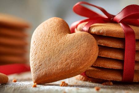 A charming heart-shaped gingerbread delights, gently resting beside an array of decorated cookies wrapped with a vibrant red ribbon, set on a rustic wooden table dotの写真素材