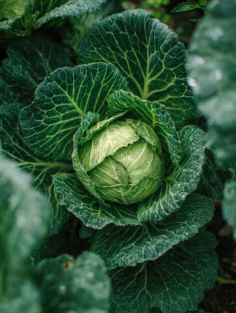 Lush cabbage leaves glisten with morning dew, revealing intricate textures and vivid foliage patterns illuminated by gentle sunlight in a flourishing garden.の写真素材