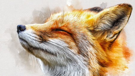 A tranquil fox with closed eyes, featuring intricate fur details and a harmonious watercolor style that merges realism with artistic softness on a pale backdrop.の写真素材
