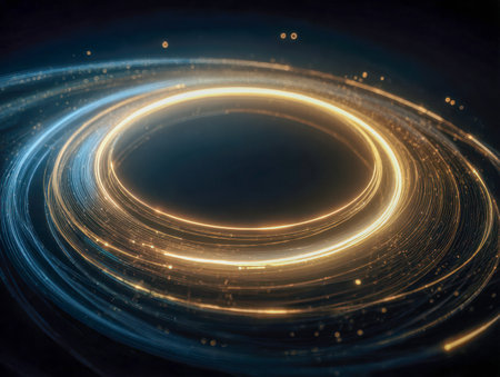 A captivating display of luminous, layered circles radiating vibrant glow, with swirling particles forming an energetic vortex amid a deep blue backdrop, symbolizingの写真素材