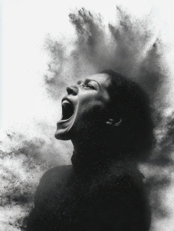 A fierce woman expresses raw emotion as dark powder scatters explosively around her, creating a striking, high-contrast scene full of intensity and movement.の写真素材