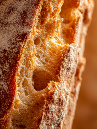 A close-up of a handcrafted bread featuring a crisp, golden-brown exterior lightly coated in flour, revealing its soft, open-structured interior basking in warm sunlの写真素材
