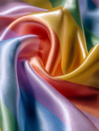 Vibrant rainbow hues dance across silky folds, creating a luminous, elegant pattern ideal for stylish backgrounds and luxurious textile applications.の写真素材