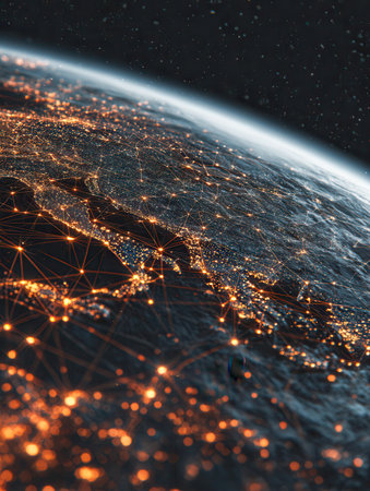 A luminous, tech-inspired map of Europe from space, showing vibrant digital pathways that symbolize interconnected global communication networks during nighttime.の写真素材