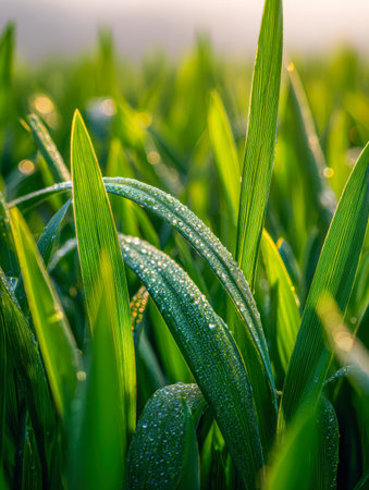 Fresh, lush grass gently awakens under dawn's tender light, each blade adorned with sparkling dew, creating a serene and vibrant morning scene.の写真素材