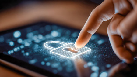 An individual uses a sleek touchscreen interface to engage with a glowing digital security symbol, embodying advanced protection and privacy in next-gen technology.の写真素材
