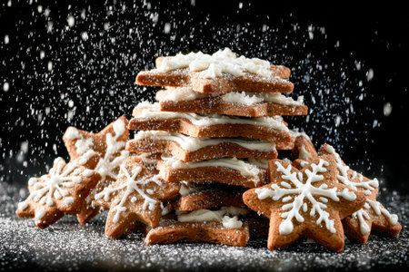 Elegant star-shaped gingerbread treats adorned with intricate white icing snowflake patterns, lightly powdered with sugar, set against a sleek black backdrop for holの写真素材
