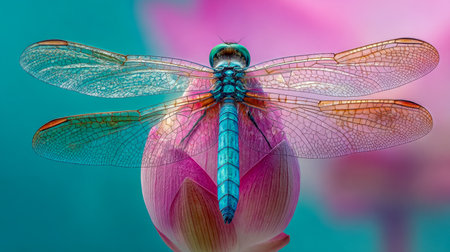 A striking azure insect rests on a tender pink bloom, its glassy wings unfurled, set against a gentle gradient that highlights nature?s fragile elegance.の写真素材