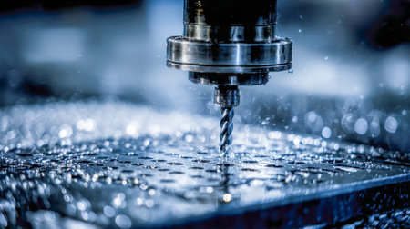 An advanced milling apparatus expertly shapes a metal surface, with shimmering coolant droplets illuminating the workshop under intense, focused lighting.の写真素材