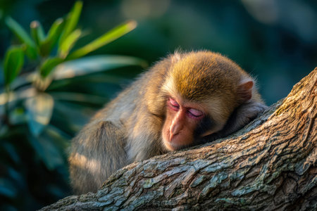 A tranquil primate lounges gently amidst vibrant leaves, basking in warm daylight that filters softly through dense jungle greenery.の写真素材