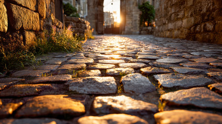 A tranquil village street illuminated by a soft sunset, featuring aged stones and lush foliage framing a charming, timeless pathway bathed in gentle, golden hues.の写真素材