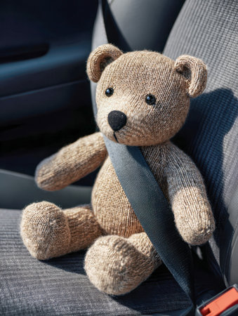 A cozy, pastel-colored teddy bear gently plush, snugly strapped into a car seat with a safety belt, basking in warm sunlight, highlighting comfort and protection onの写真素材