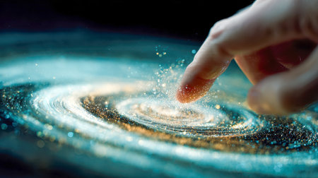 A single finger gracefully touches a cascade of glowing particles, forming a captivating spiral that resembles a distant galaxy against a shadowed cosmic backdrop.の写真素材