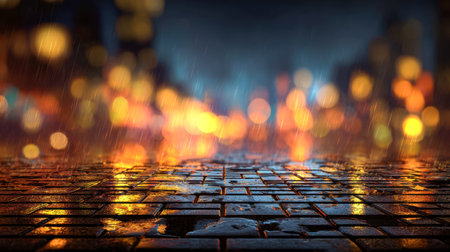 A shimmering street of uneven stones captures lively city hues, softly glowing through a drizzle, creating a dreamlike scene with a warm, luminous backdrop.の写真素材