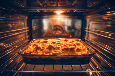 A freshly assembled lasagna in a clear baking dish, topped with melted golden cheese, bubbling edges, ready to delight dinner guests in a cozy kitchen.の写真素材