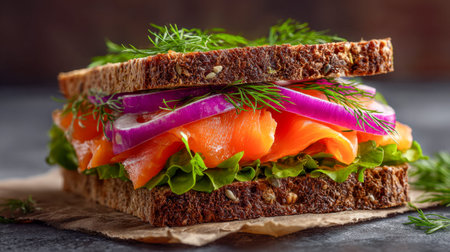 A robust sandwich featuring multigrain bread packed with silky smoked salmon, crunchy greens, zesty onion slices, and fragrant dill, served on textured parchment.の写真素材