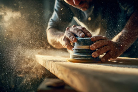 A focused artisan gently grinds a wooden panel with an electric sander, dust particles dance in warm shafts of light, capturing dedication and craftsmanship.の写真素材