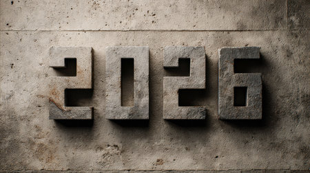 Massive 3d concrete numerals stand out against a gritty textured backdrop, their sharp shadows enhancing an industrial aesthetic that signifies the upcoming year.の写真素材
