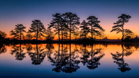 A tranquil scene featuring towering tree silhouettes reflected perfectly on a still lake beneath a vivid orange and purple twilight sky, embodying calmness and naturの写真素材