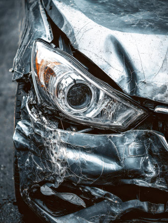 A close-up of a wrecked vehicle's front end, featuring a shattered headlamp and battered metal, capturing the chaos of a recent intense crash.の写真素材