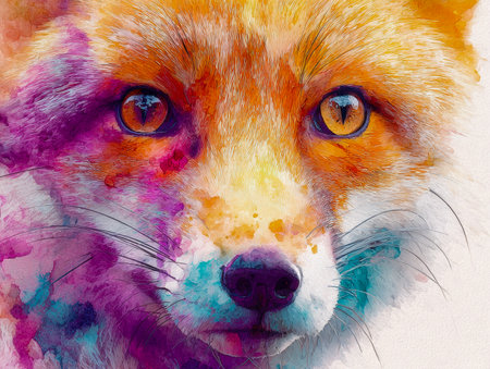 A striking watercolor artwork depicts a fox with luminous golden eyes, combining bold brushwork and vivid hues to evoke the spirit of untamed wilderness.の写真素材