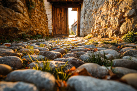 Gentle sunlight bathes a charming, uneven stone trail dotted with wild grasses, guiding the eye toward vintage timber doors nestled within weathered stone enclosuresの写真素材