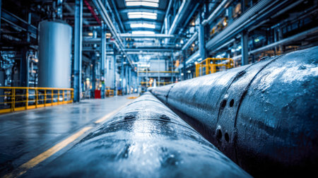 An expansive factory scene featuring towering steel frameworks and intricate network of metallic conduits, illuminated in cool blue hues, symbolizing modern industrialの写真素材