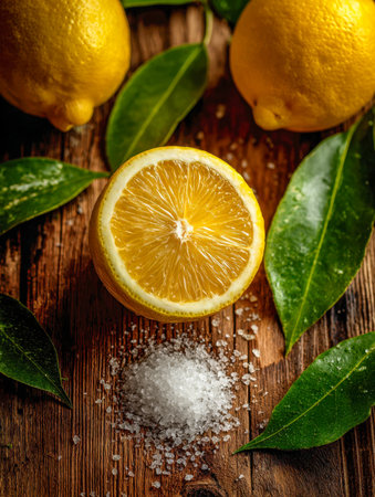 Bright lemons nestled among lush green foliage rest on aged wood, complemented by a mound of sea salt, creating a lively scene perfect for fresh, natural cuisine disの写真素材