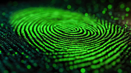 A close-up of a high-resolution digital fingerprint bathed in vivid green glow, symbolizing cutting-edge biometric solutions and next-generation identity authenticatの写真素材