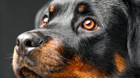 A striking portrait captures a powerful Rottweiler with piercing amber eyes and sleek, shiny coat, set against a deep backdrop emphasizing its noble expression.の写真素材