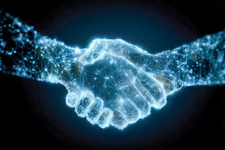 A dynamic display of luminous digital particles shaping two hands meeting, illustrating innovation, seamless tech integration, and interconnected digital networks.の写真素材
