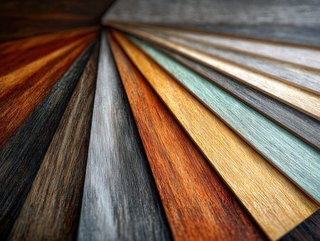 A curated collection of wooden swatches organized in a smooth gradient, highlighting both raw and painted hues to inspire stylish interior enhancements.の写真素材