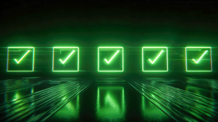 Neon-green confirmation symbols lineup with shimmering reflections on a sleek, polished surface, embodied innovation and digital approval in a high-tech environmentの写真素材