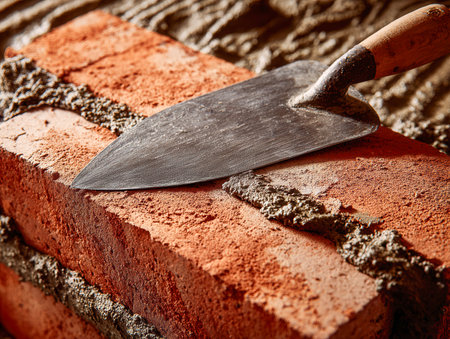 A craftsman's hand delicately applies mortar with a trowel onto rugged red bricks, ensuring a solid and even joint for a durable, well-crafted wall.の写真素材