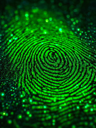 A luminous green fingerprint design radiates with high-tech glow against a dark backdrop, representing digital identity verification and advanced security systems.の写真素材