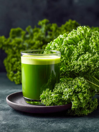 Vibrant green kale elixir in a clear glass, accompanied by lush curly leaves on a plate, evokes freshness and wellness against a rich, textured dark backdrop.の写真素材