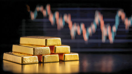 Gleaming gold bars arranged on a mirrored surface beneath a blurry chart of market fluctuations, capturing themes of wealth, stability, and financial dynamics.の写真素材