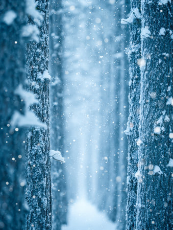 Silver snowflakes drift softly through the still air, settling on the rugged bark of towering trees, enveloping the forest in a tranquil, dreamlike glow under gentleの写真素材