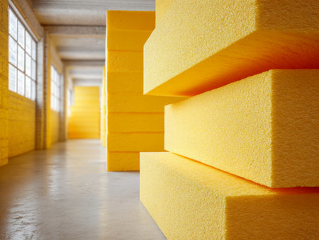 Tall windows flood a spacious warehouse with natural sunlight, highlighting vibrant yellow foam stacks arranged neatly on a sturdy concrete floor beneath exposed ceiの写真素材