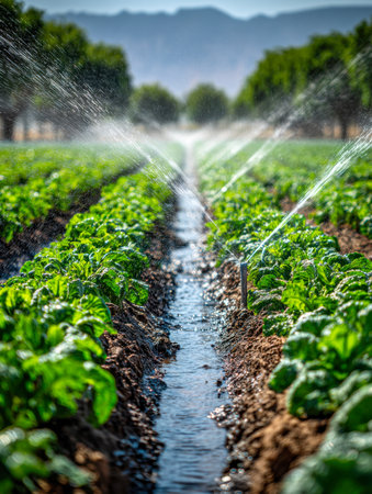 A modern watering setup disperses a fine mist across lush, healthy vegetation, set against a panoramic rural landscape under bright, open skies with rolling hills anの写真素材