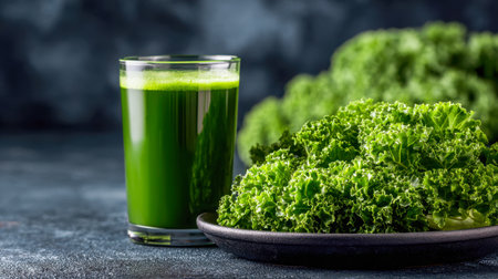 Vibrant kale leaves layered on a dark surface complement a tall glass of luminous green smoothie, evoking freshness and wellness in a sleek, modern setting.の写真素材