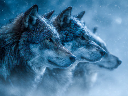 A trio of vigilant wolves with icy fur and piercing eyes survey the silent, frost-covered forest, embodying resilience and wild winter spirit.の写真素材