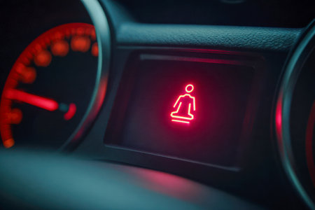 A vivid red warning light glowing on a vehicle's dashboard signals the need for seatbelt fastening, emphasizing safety awareness during nighttime travel.の写真素材