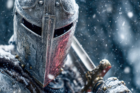 A armored warrior stands poised on a snow-covered plain, shimmering with intricate patterns, as icy particles drift silently in a chilling, frostbitten landscape.の写真素材