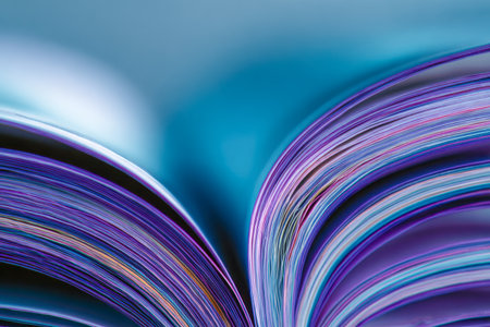 A kaleidoscope of textured pages in soothing blues and purples, artistically layered with intricate patterns that evoke a calming, abstract aesthetic.の写真素材