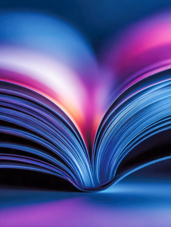 An enchanting close-up captures a book's pages illuminating with shifting hues of crimson, violet, and indigo, producing a captivating, dreamlike glow.の写真素材