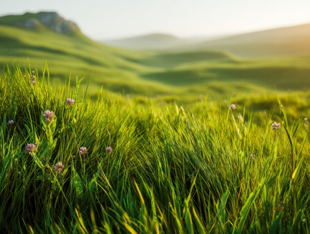 A vibrant meadow of lush greenery dotted with delicate wildflowers, basking in gentle sunlight, leading to peaceful rolling hills in a tranquil countryside setting.の写真素材