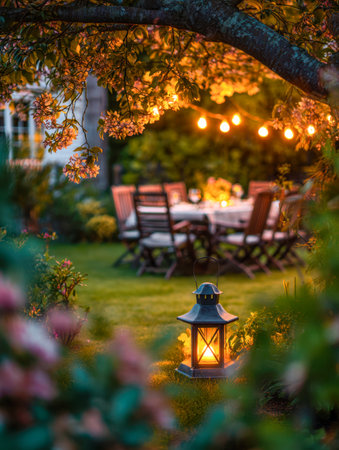 A warm twilight glow bathes a charming garden setup featuring gentle lantern light and twinkling string bulbs, creating an inviting space around a rustic dining tableの写真素材