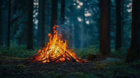 An vivid flames pierce the twilight shadows in a secluded woodland, surrounded by towering trees and swirling smoke, evoking warmth and adventure.の写真素材